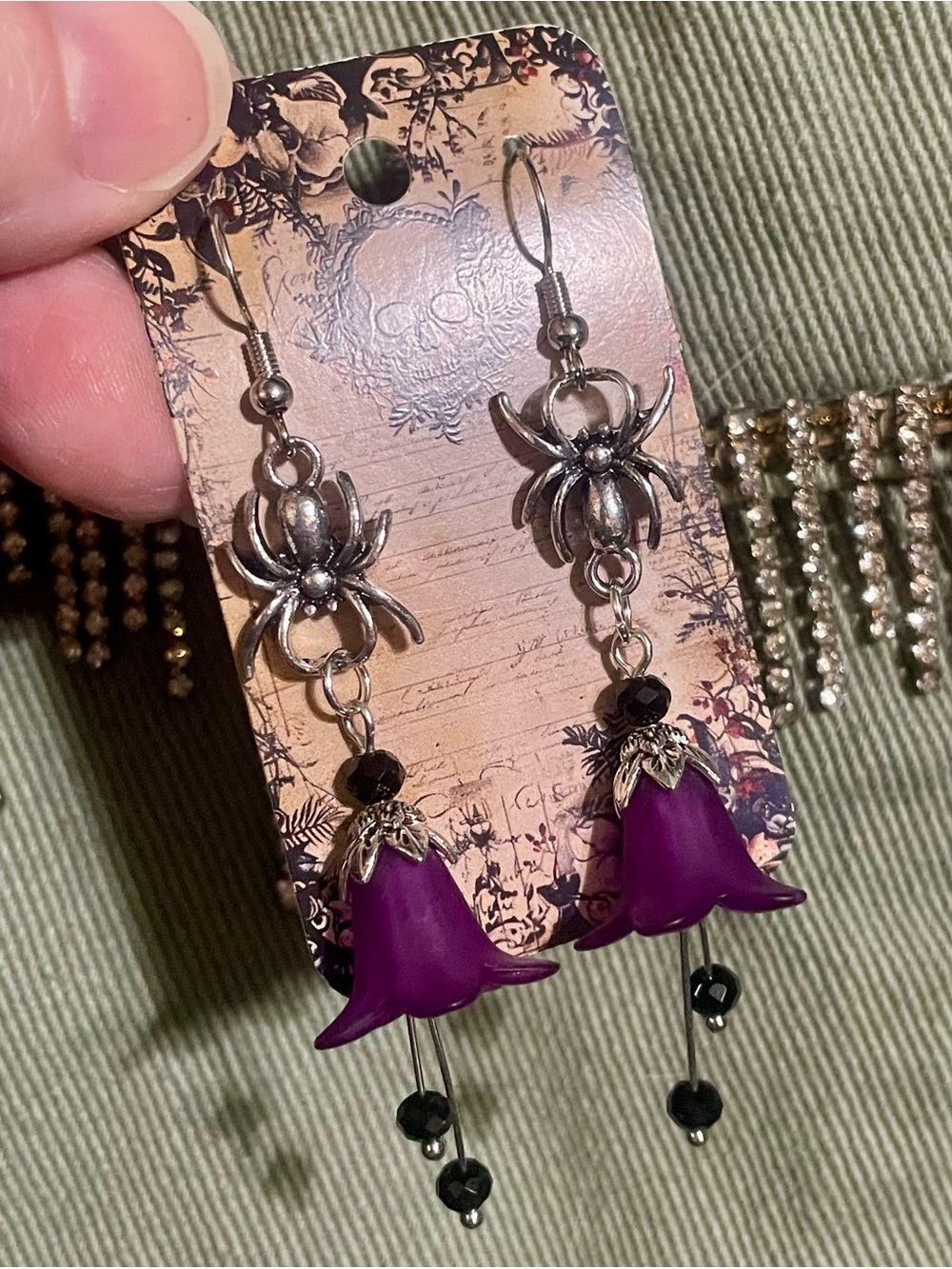 Hand Crafted Deadly Nightshade Earrings with Silver Spider Charms - Picture 3 of 5